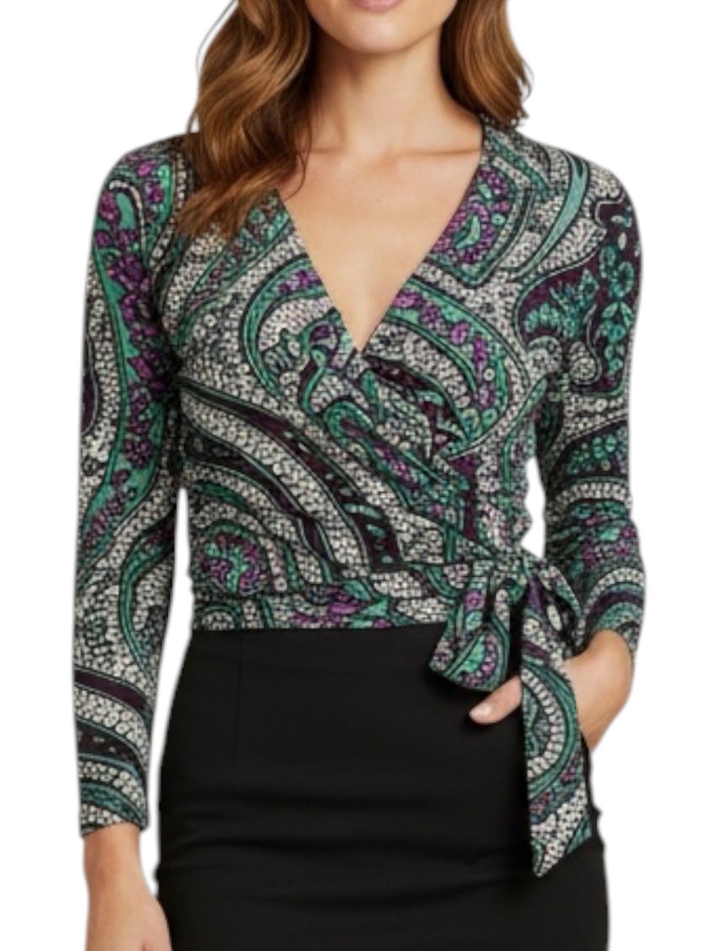 ANN TAYLOR Paisley Print Wrap Blouse in Purples/Teal/ B&W Size Large — GORGEOUS!
